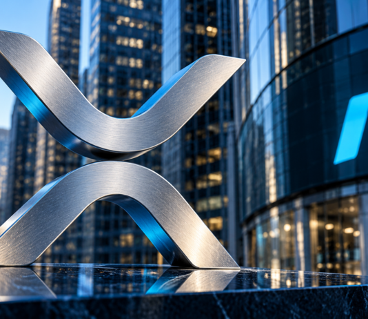 Silbernes XRP-Symbol vor einer modernen Glasfassade mit blauem Nasdaq-Logo