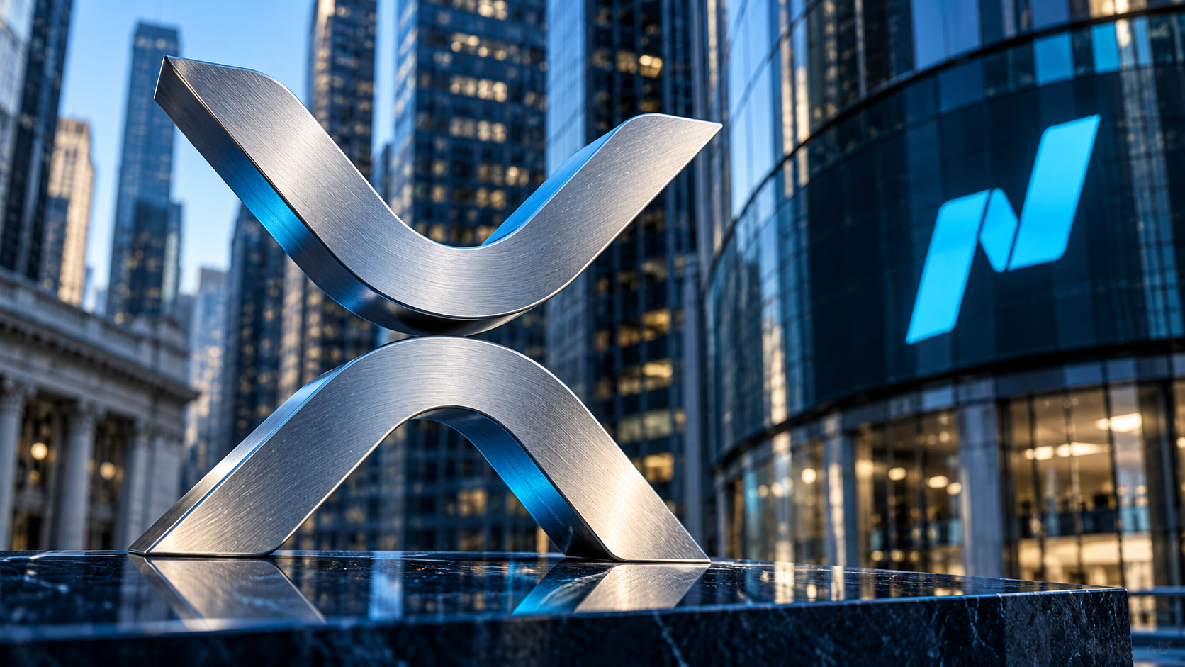 Silbernes XRP-Symbol vor einer modernen Glasfassade mit blauem Nasdaq-Logo