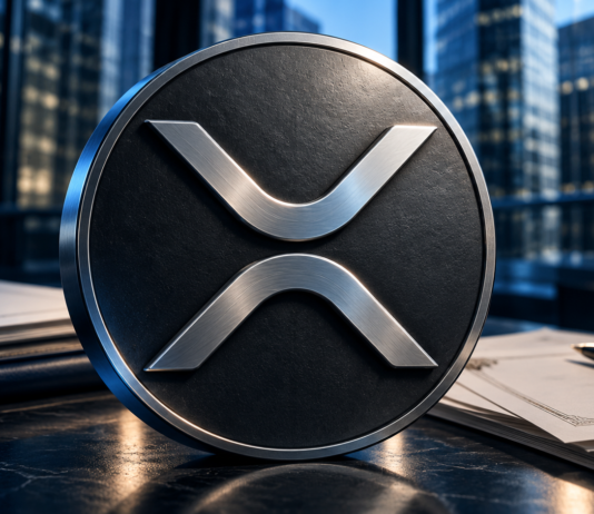 Silbernes XRP-Symbol vor Bürogebäuden und Finanzdokumenten in blauer Beleuchtung.