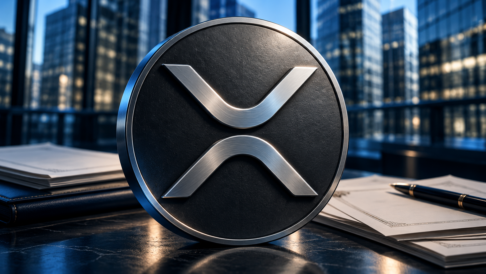 Silbernes XRP-Symbol vor Bürogebäuden und Finanzdokumenten in blauer Beleuchtung.