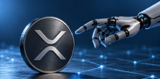 XRP Ledger: KI-Agenten wickeln 500.000 Zahlungen täglich ab Roboterhand neben einer metallischen Scheibe mit XRP-Symbol vor einem blauen digitalen Netzwerk.