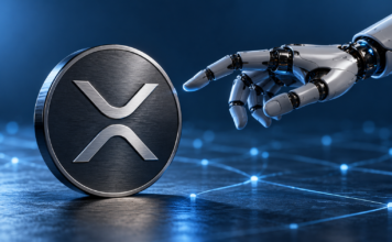 XRP Ledger: KI-Agenten wickeln 500.000 Zahlungen täglich ab Roboterhand neben einer metallischen Scheibe mit XRP-Symbol vor einem blauen digitalen Netzwerk.