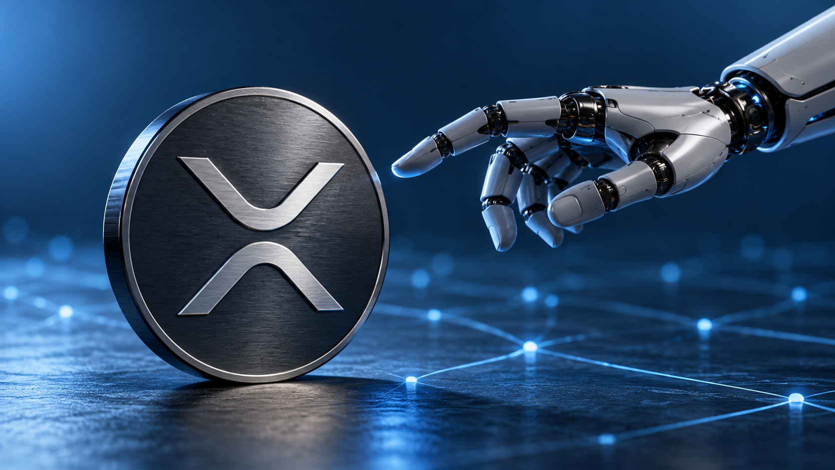 Roboterhand neben einer metallischen Scheibe mit XRP-Symbol vor einem blauen digitalen Netzwerk.