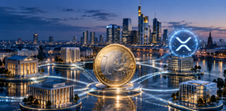 Euro-Münze vor einer europäischen Finanzmetropole mit digitalen Verbindungen für On-Chain-Finanzierung