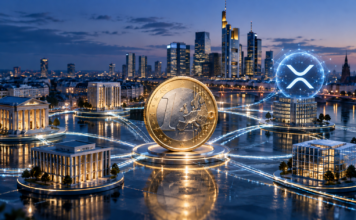 Euro-Münze vor einer europäischen Finanzmetropole mit digitalen Verbindungen für On-Chain-Finanzierung