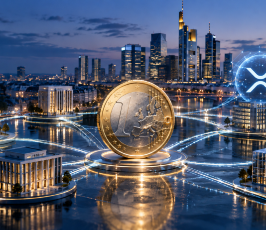 Euro-Münze vor einer europäischen Finanzmetropole mit digitalen Verbindungen für On-Chain-Finanzierung
