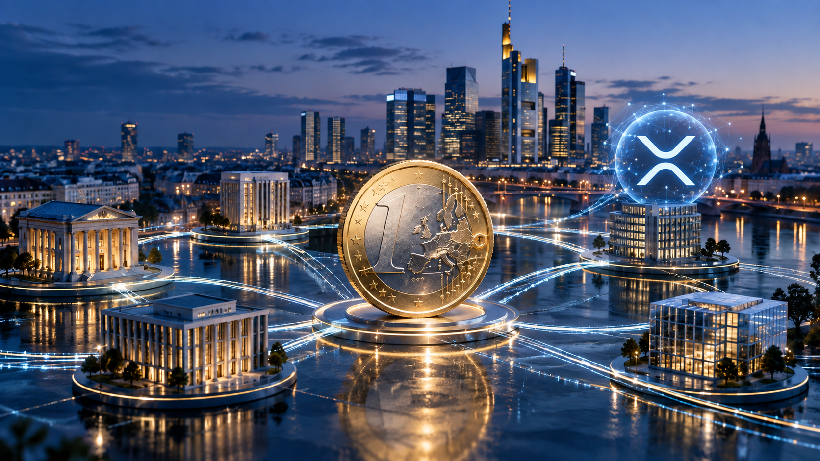 Euro-Münze vor einer europäischen Finanzmetropole mit digitalen Verbindungen für On-Chain-Finanzierung