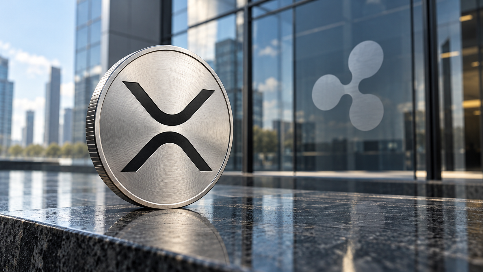 Silberne Münze mit XRP-Symbol vor einer Glasfassade mit Ripple-Logo.