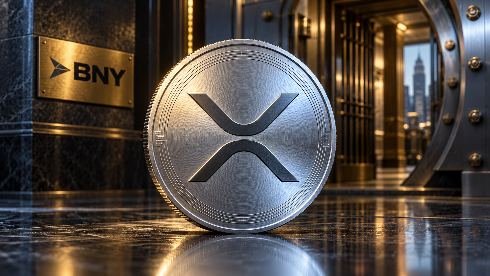 Silberne XRP-Münze vor einem geöffneten Banktresor mit BNY-Logo.