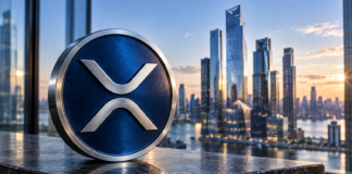 3 Wochen vor Ripple Swell 2026: Jetzt XRP kaufen? Das zeigt die Kurshistorie Silbernes XRP-Logo auf einer blauen Münze vor der Skyline von Manhattan.