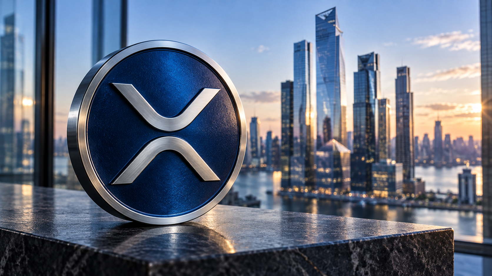Silbernes XRP-Logo auf einer blauen Münze vor der Skyline von Manhattan.
