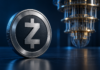 Zcash-Münze vor einem Quantencomputer auf dunkelblauem Hintergrund, dargestellt als Symbolbild
