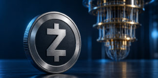 Zcash peilt quantenresistente Zahlungen für Januar 2027 an Zcash-Münze vor einem Quantencomputer auf dunkelblauem Hintergrund, dargestellt als Symbolbild