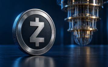 Zcash peilt quantenresistente Zahlungen für Januar 2027 an Zcash-Münze vor einem Quantencomputer auf dunkelblauem Hintergrund, dargestellt als Symbolbild