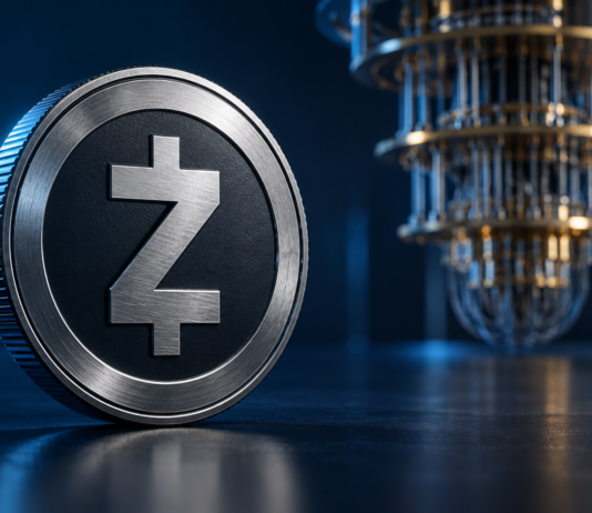 Zcash-Münze vor einem Quantencomputer auf dunkelblauem Hintergrund, dargestellt als Symbolbild