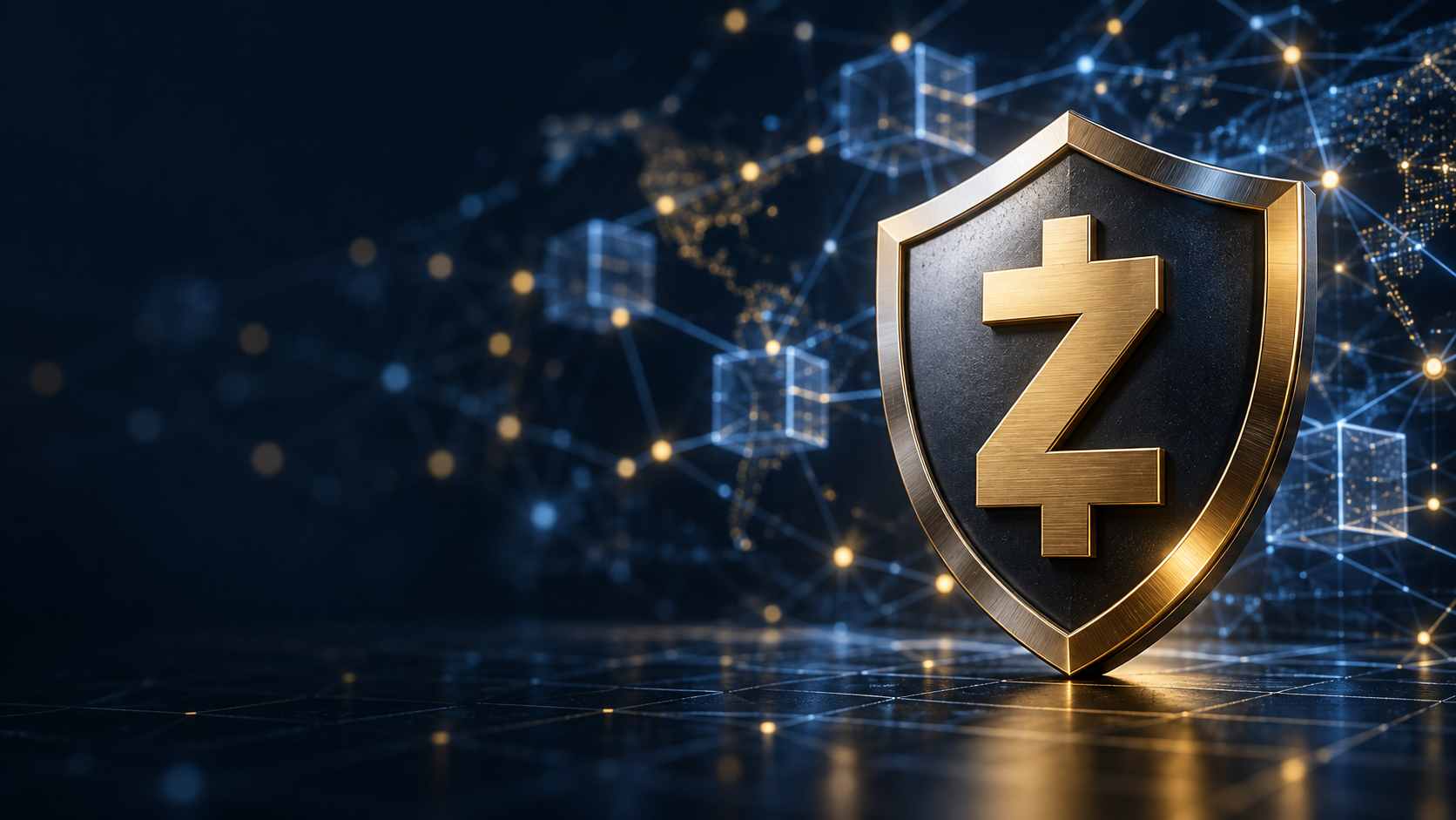 Zcash-Schild vor einem digitalen Blockchain-Netzwerk nach der Aktivierung des NU7-Upgrades im Testnet