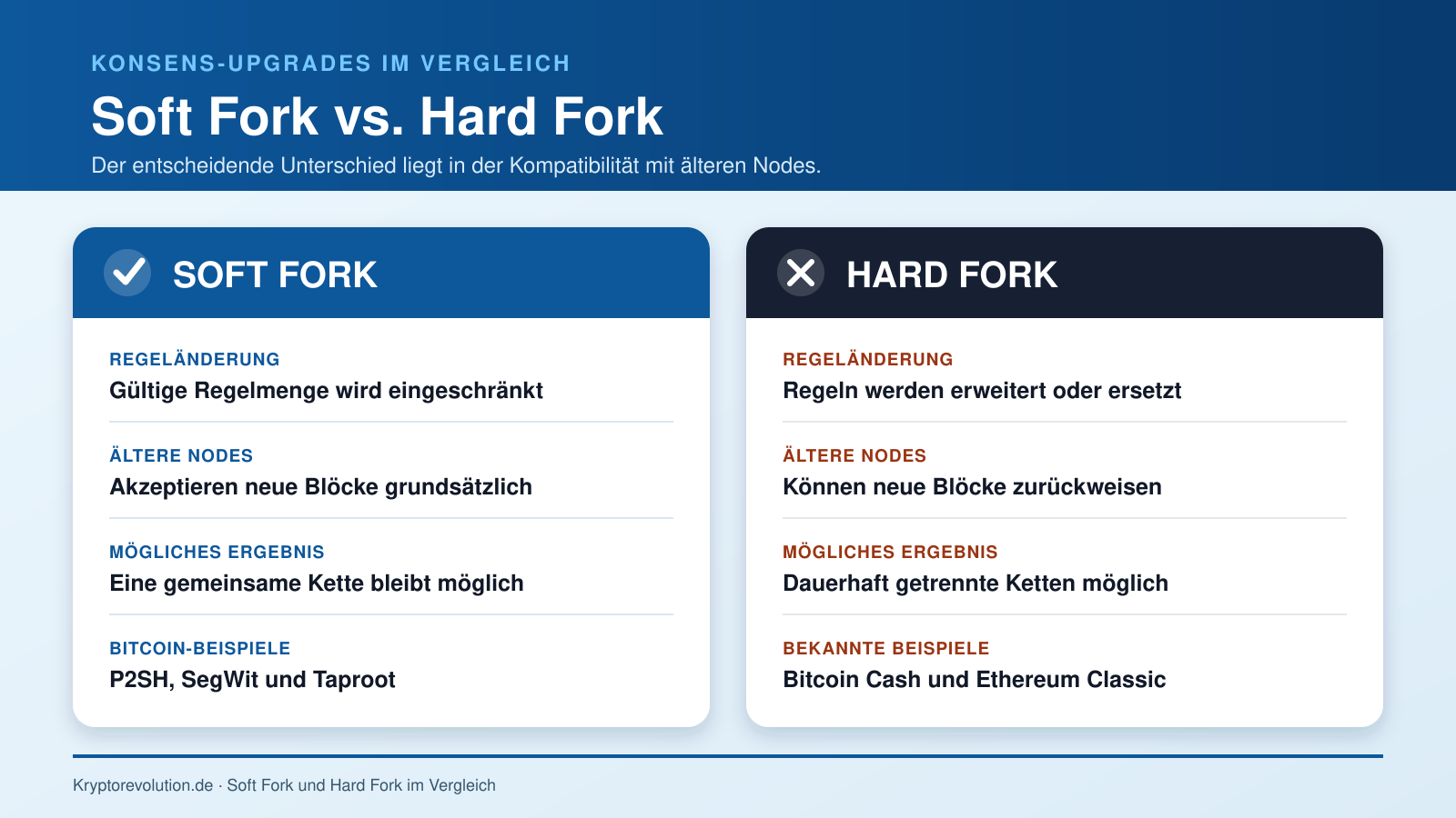 Infografik mit den Unterschieden zwischen Soft Fork und Hard Fork